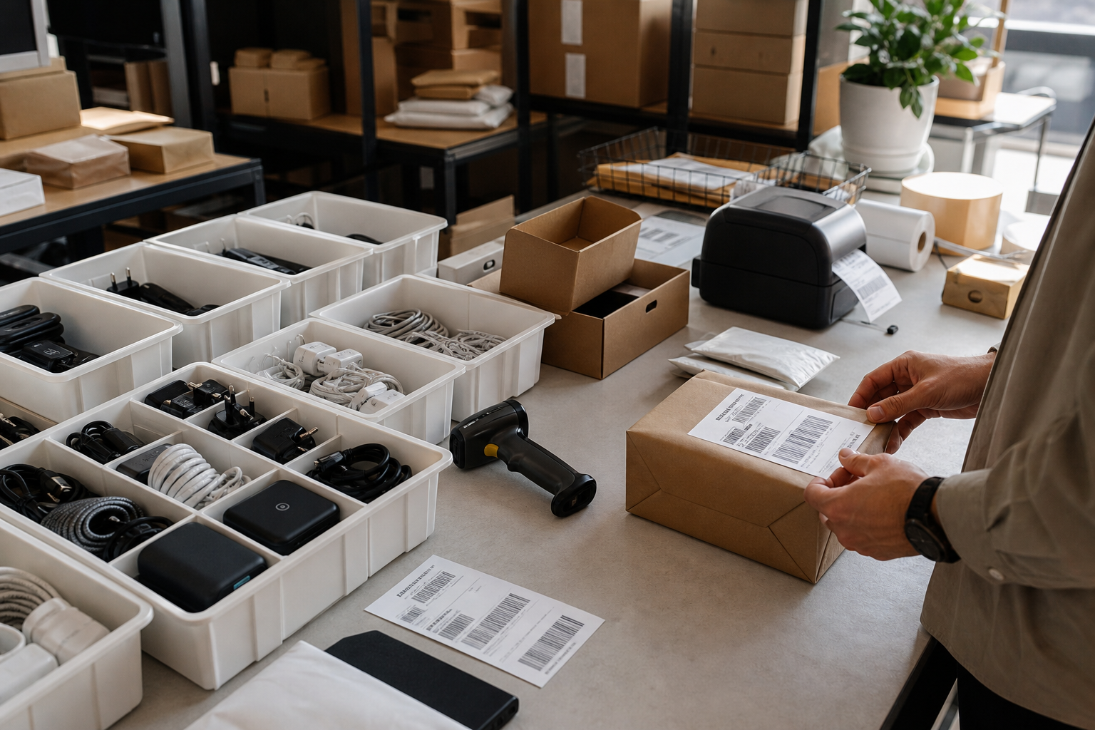 E-commerce fulfillment station with packed small electronics parcels, barcode labels, and inventory bins