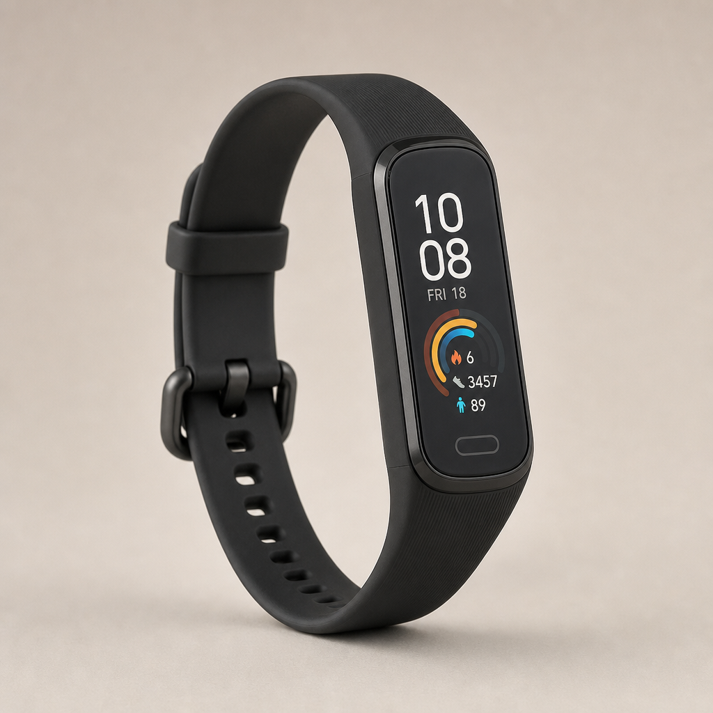 Slim black fitness tracker band with rectangular display on a neutral background