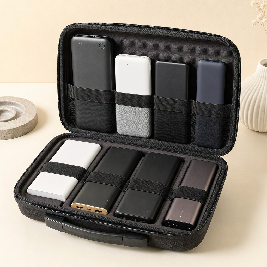 Charcoal foldable hard-shell storage case with elastic compartments for multiple power banks