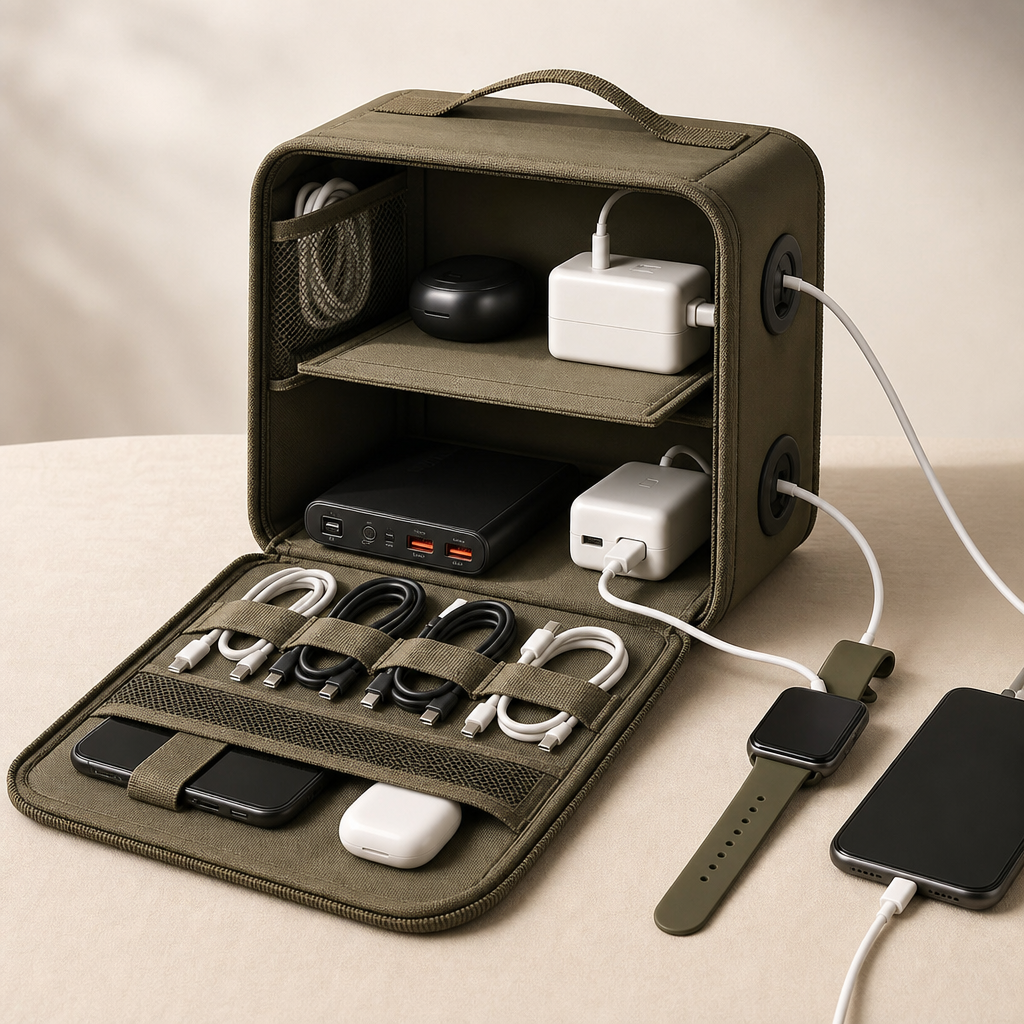 Foldable charging station container in dark khaki with integrated cable ports and handle