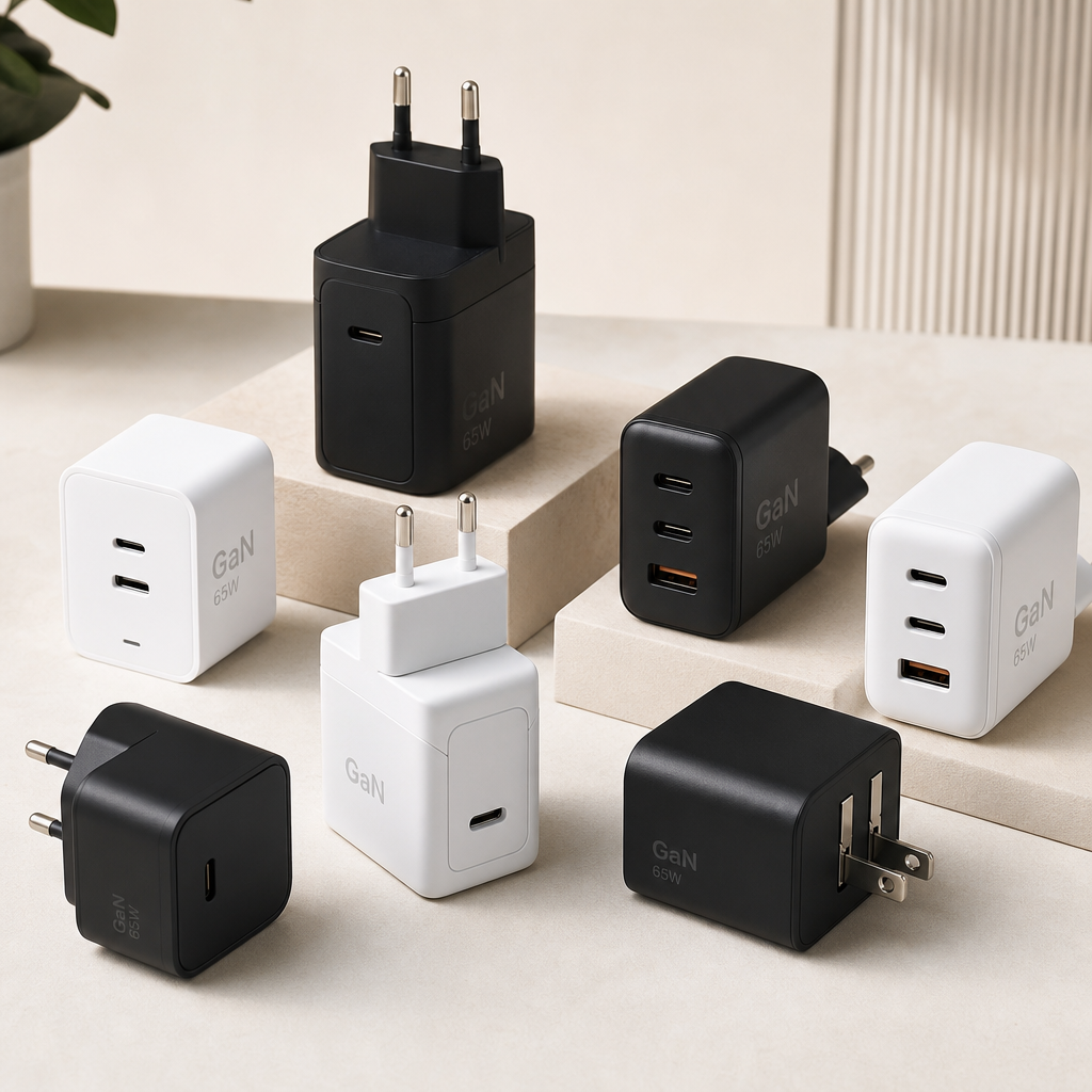 Set of compact GaN wall chargers in black and white finishes