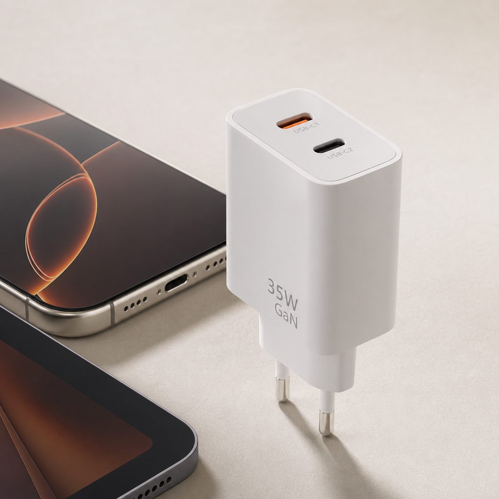 White 35W GaN wall charger with dual ports placed beside smartphone and tablet