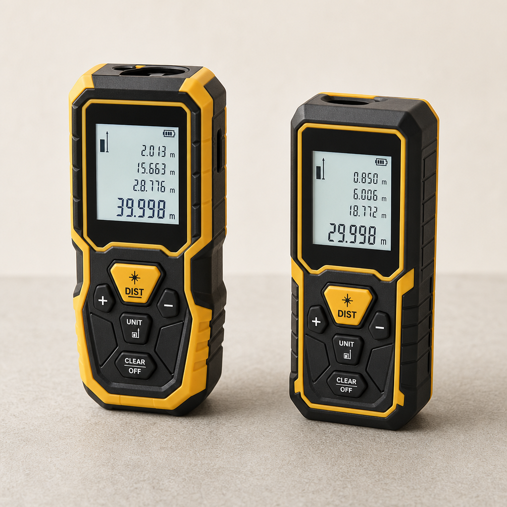 Handheld digital laser distance meters with yellow casing and backlit measurement screens