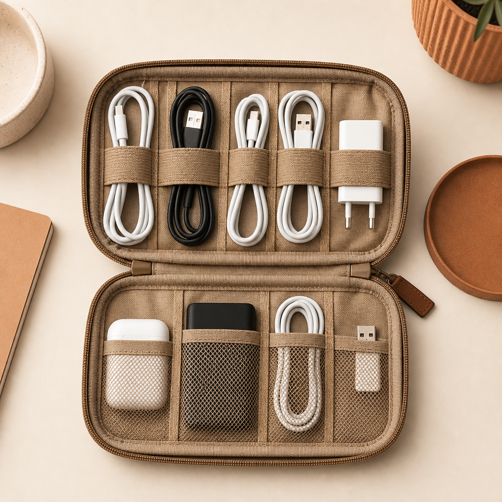 Tan fabric cable and charger organizer pouch with neatly arranged phone accessories