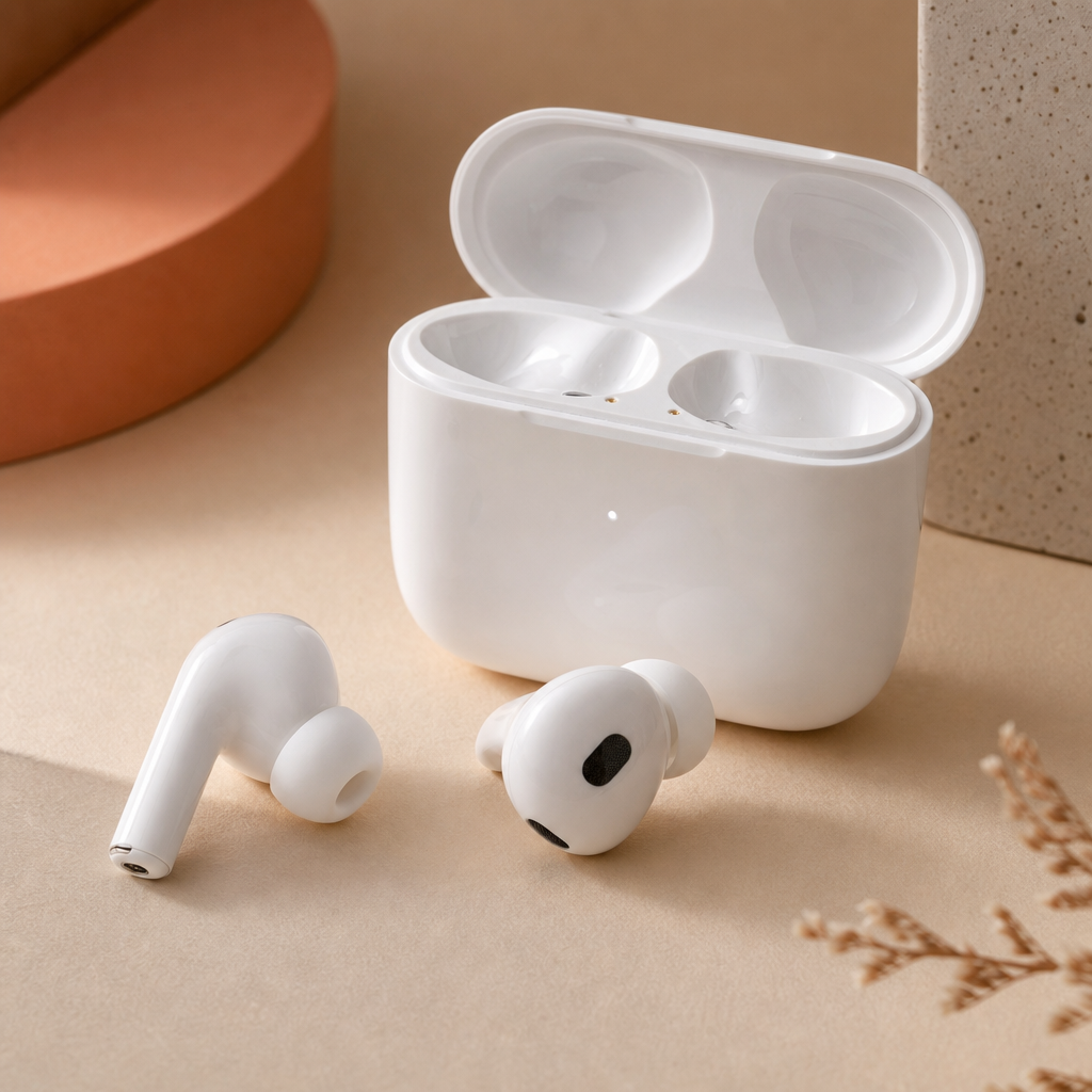 Compact white true wireless earbuds case next to two earbuds on warm neutral background