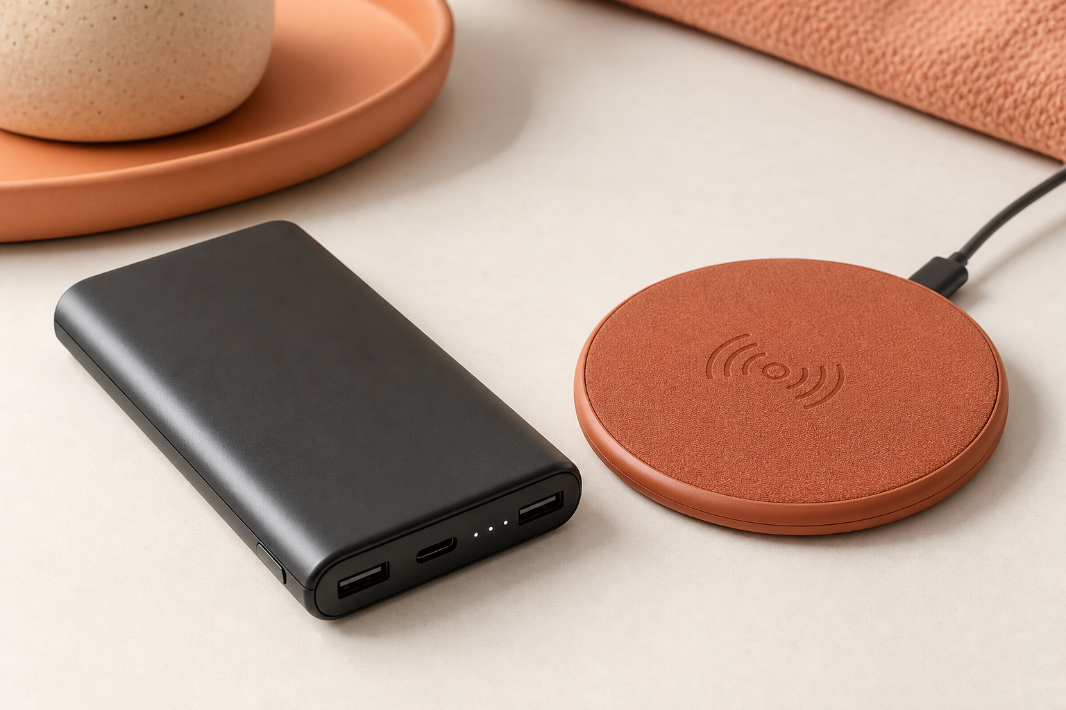 Large matte black and terracotta wireless charging pad with slim power bank on a clean studio table