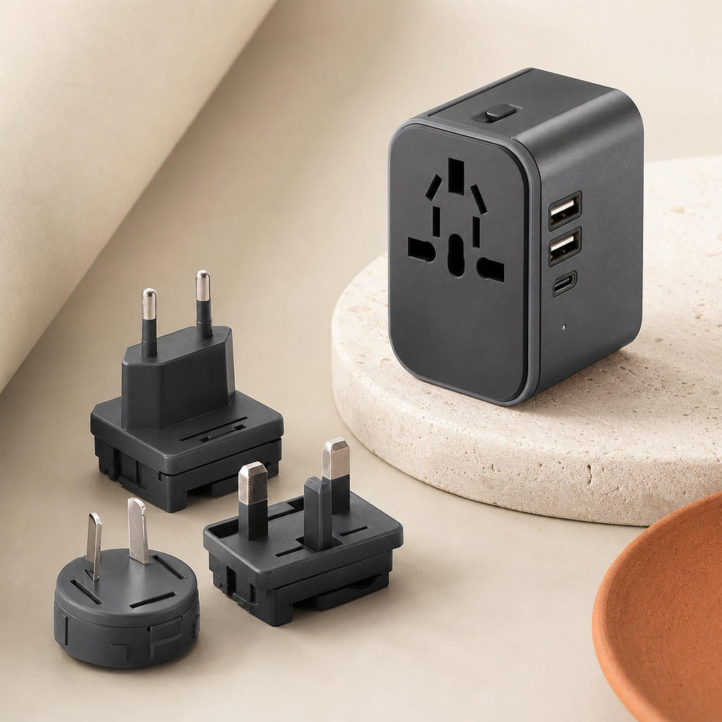 Universal travel adapter in dark gray with USB ports and EU plug modules