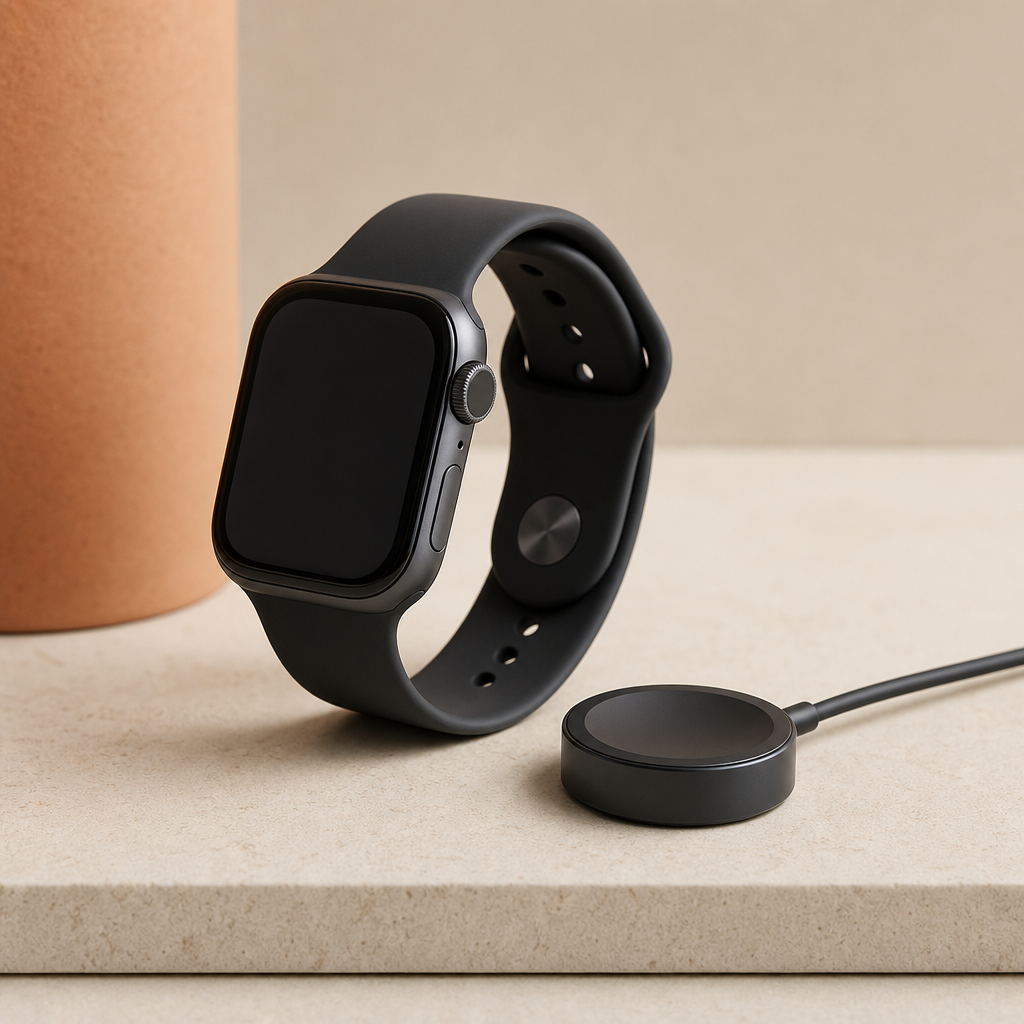 Graphite smart wearable watch with silicone strap displayed beside charging puck
