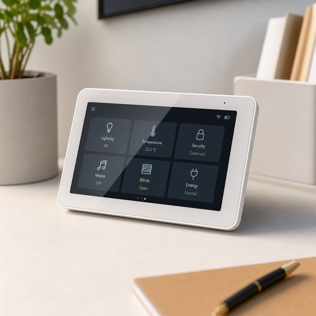 Compact smart control panel with touchscreen and white housing on a desk