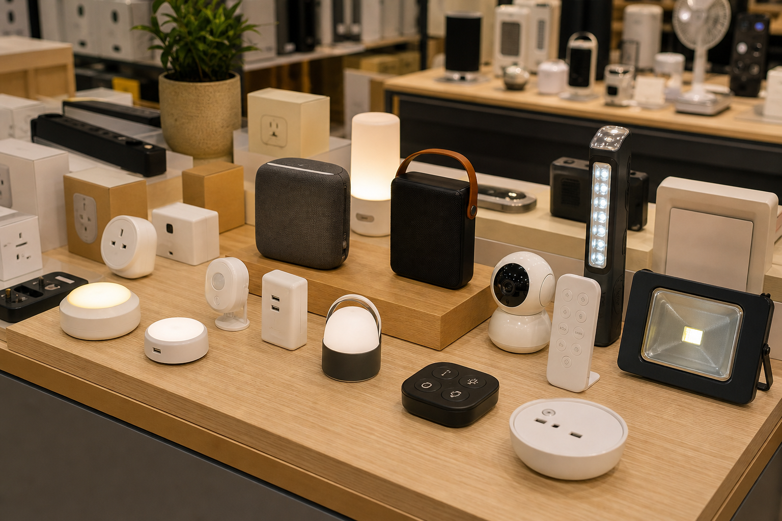 Home and commercial small electronic devices including countertop smart controls, compact speakers, and mini utility electronics in a retail display