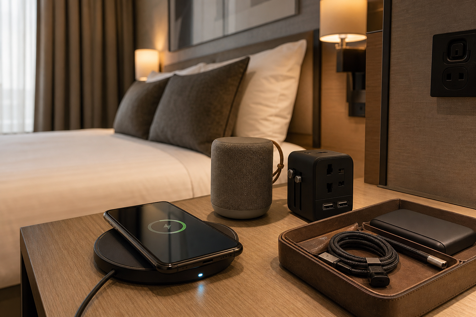 Hotel room setup with bedside wireless charger, universal travel adapter, and compact Bluetooth speaker for guest amenities