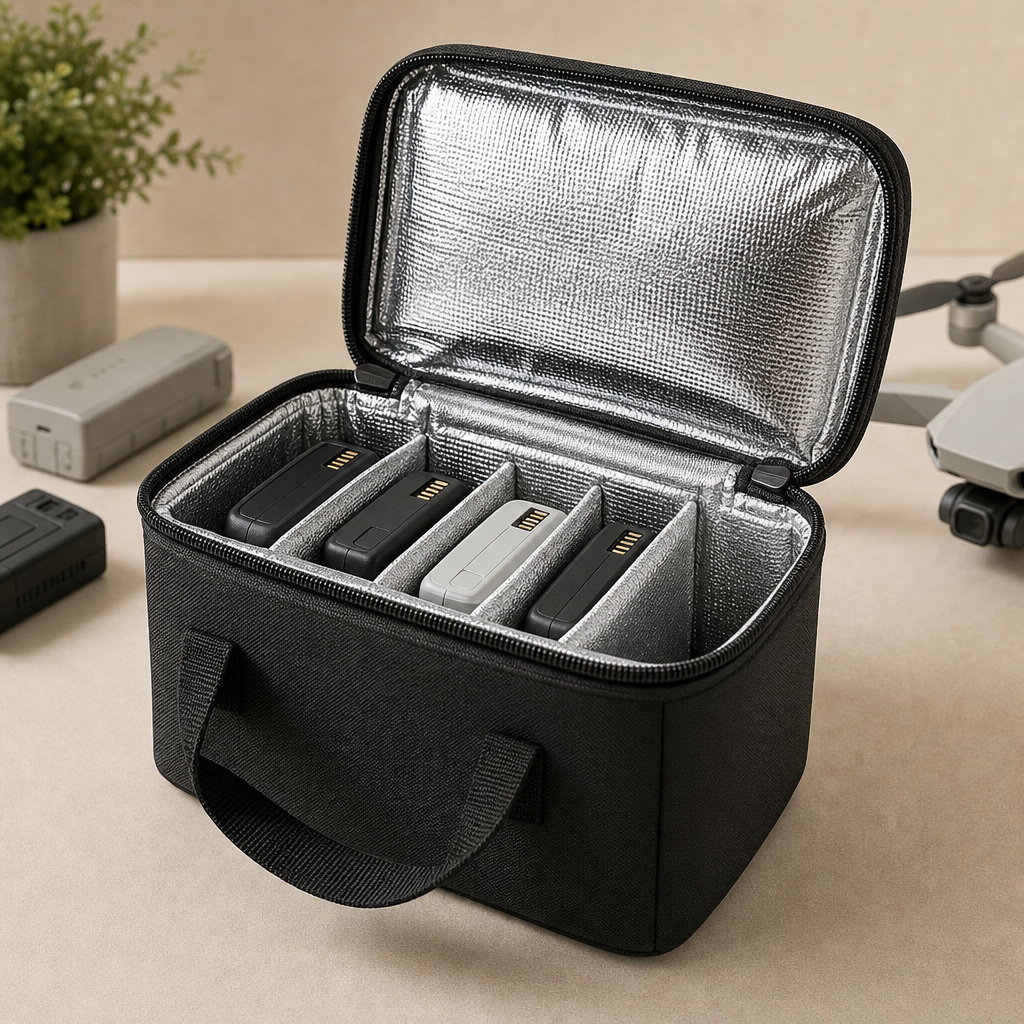 Silver-lined insulated pouch for battery units with zipper seal and reinforced carry handle