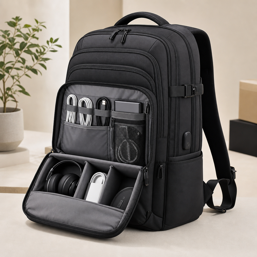 Large black electronics gear backpack with multiple zip zones and front cable-access pocket