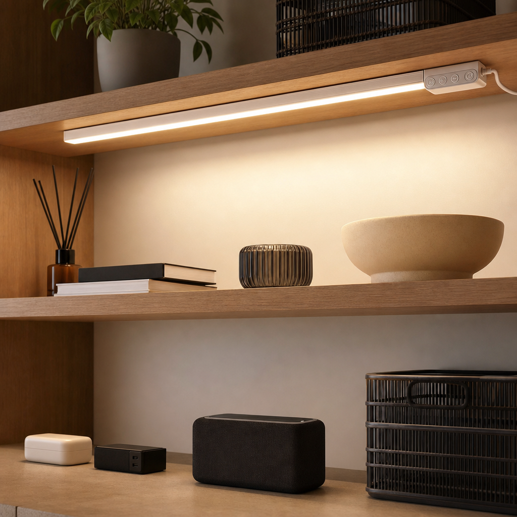 Warm white dimmable LED table and cabinet light strips installed under shelves