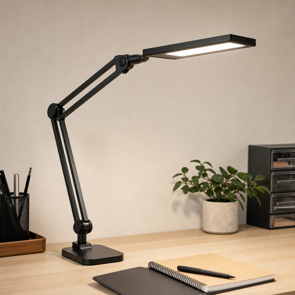 Matte black LED desk lamp with adjustable arm on a minimalist workspace