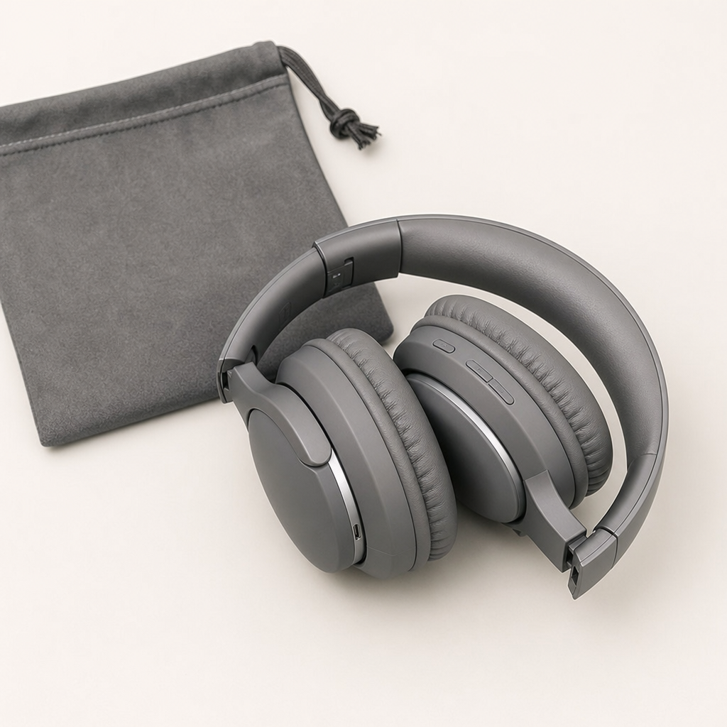 Matte gray lightweight wireless Bluetooth headphones folded beside carrying pouch
