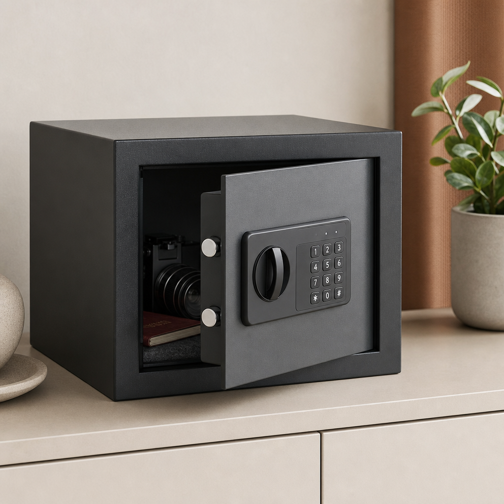 Compact mini electronic safe storage box with keypad and partially open steel door