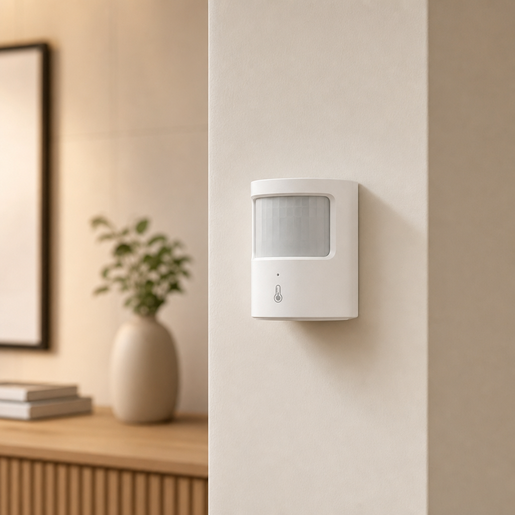 Small white smart home motion and temperature sensor mounted on a light wall