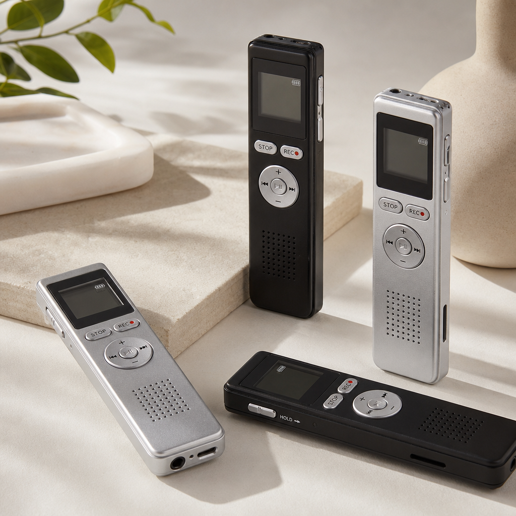 Slim silver and black pocket digital voice recorders arranged on clean tabletop