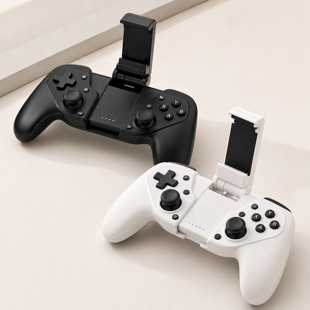 Mini portable wireless game controllers in black and white variants with foldable phone clips
