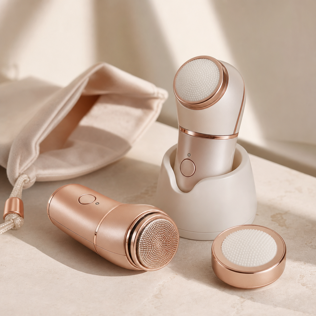Mini travel electric facial massagers displayed with compact accessories