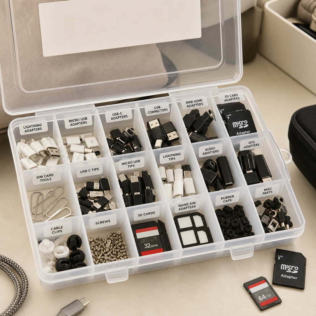 Clear multi-grid storage box with labeled mini compartments for adapters, tips, and connectors