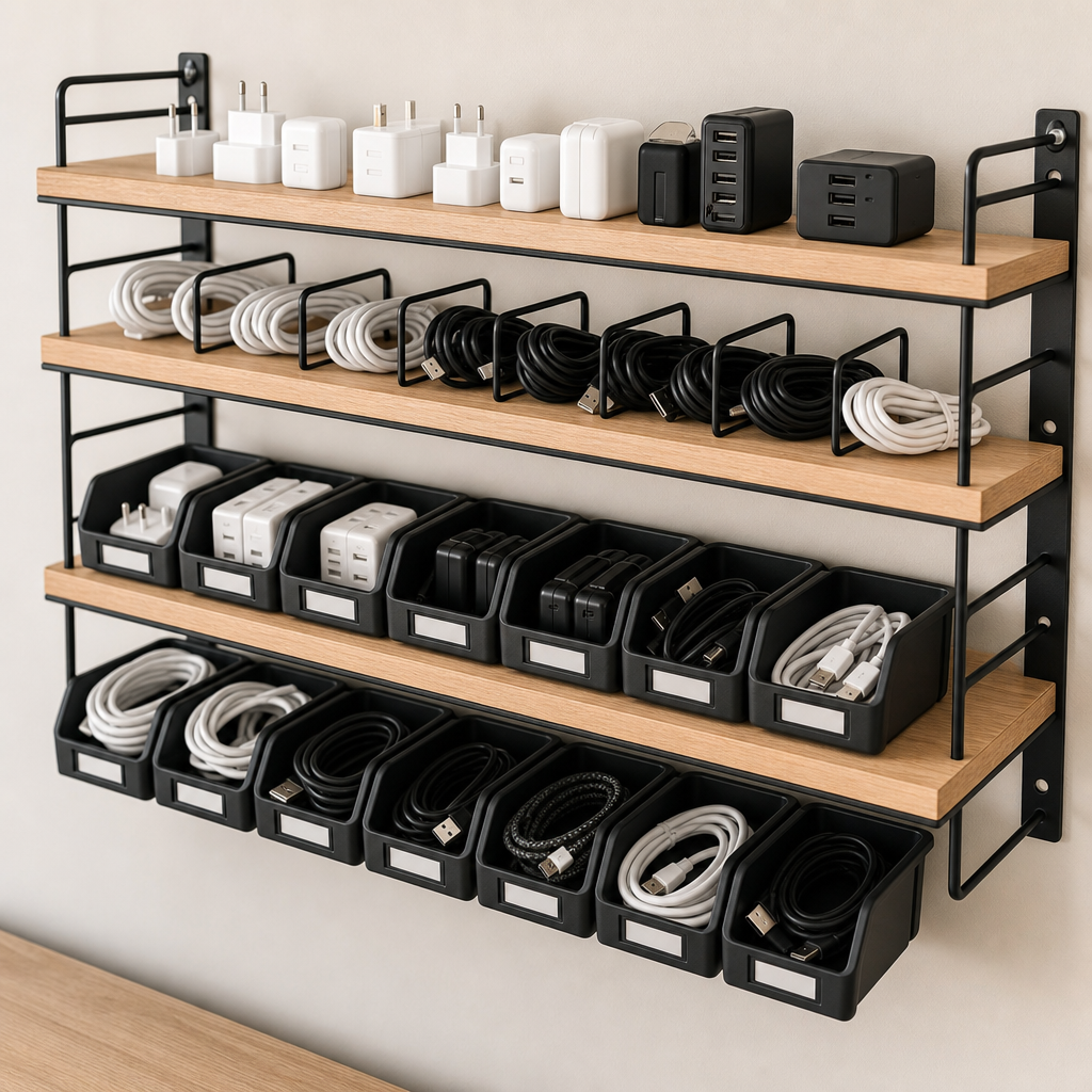 Black and oak multi-layer wall-mounted rack holding chargers, USB cables, and adapters in labeled tiers