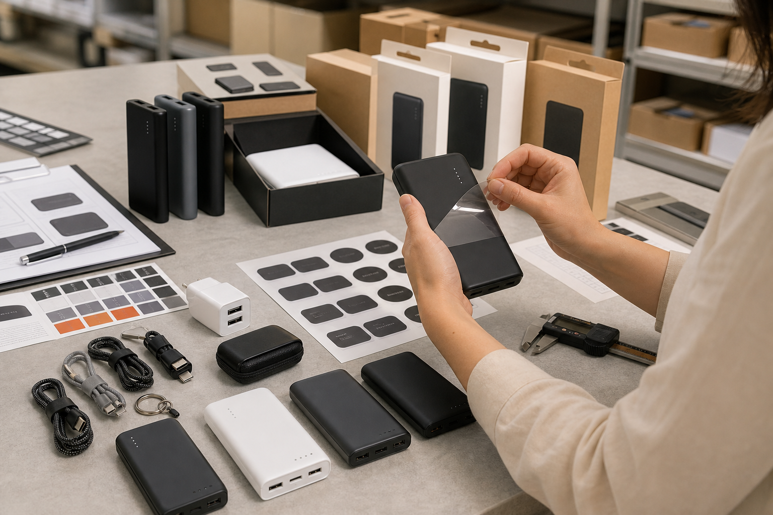 Production table with custom branded electronic accessories, packaging mockups, and labeling tools
