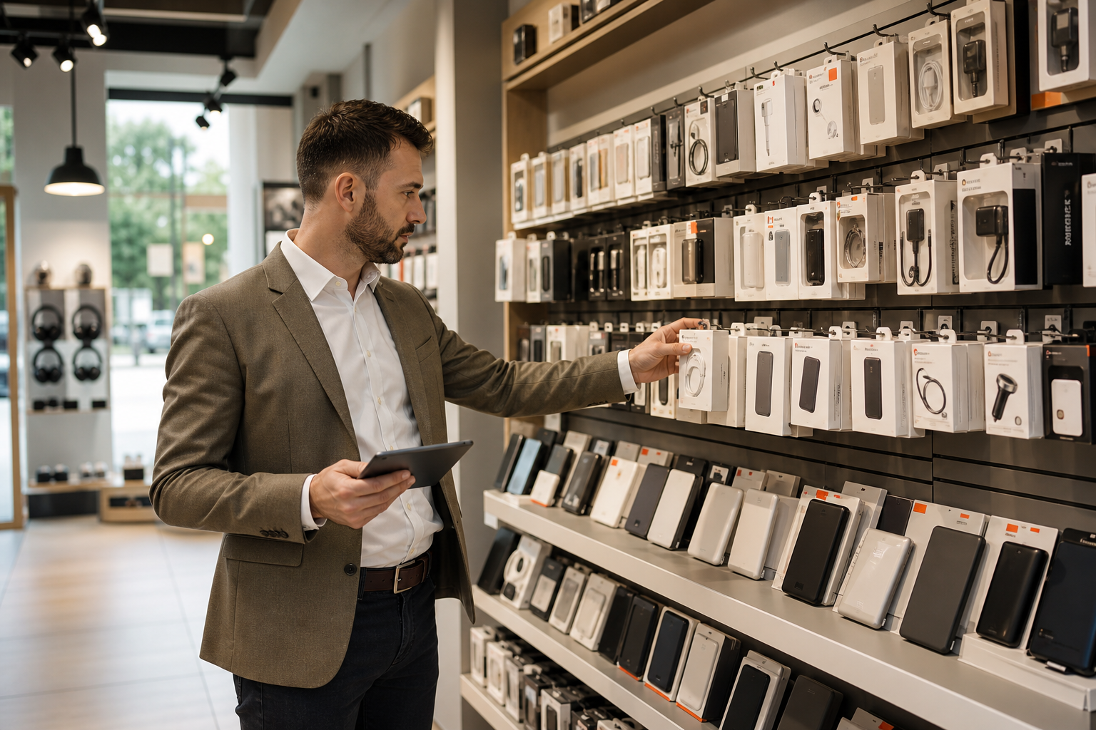 Electronics retail store manager reviewing shelves filled with phone accessories, power banks, and small display gadgets