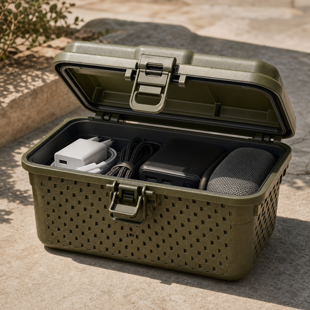 Olive waterproof gadget storage basket with drainage base and locking lid for outdoor use