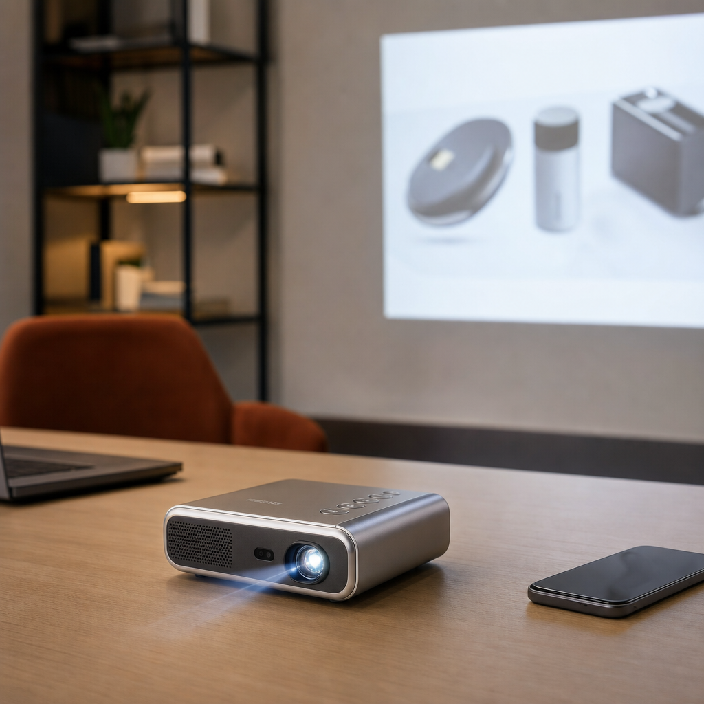 Small silver pocket projector displaying a presentation in a meeting room