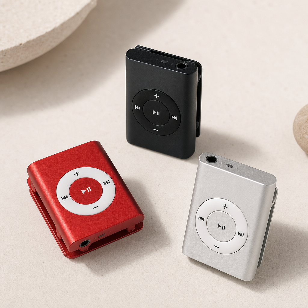 Pocket-sized Bluetooth MP3 players in black, red, and silver finishes on clean surface