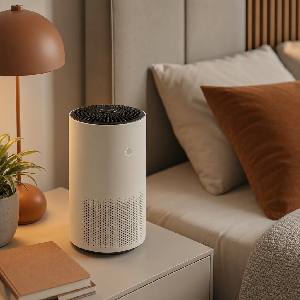 Small cylindrical portable air purifier mini unit on a bedside table