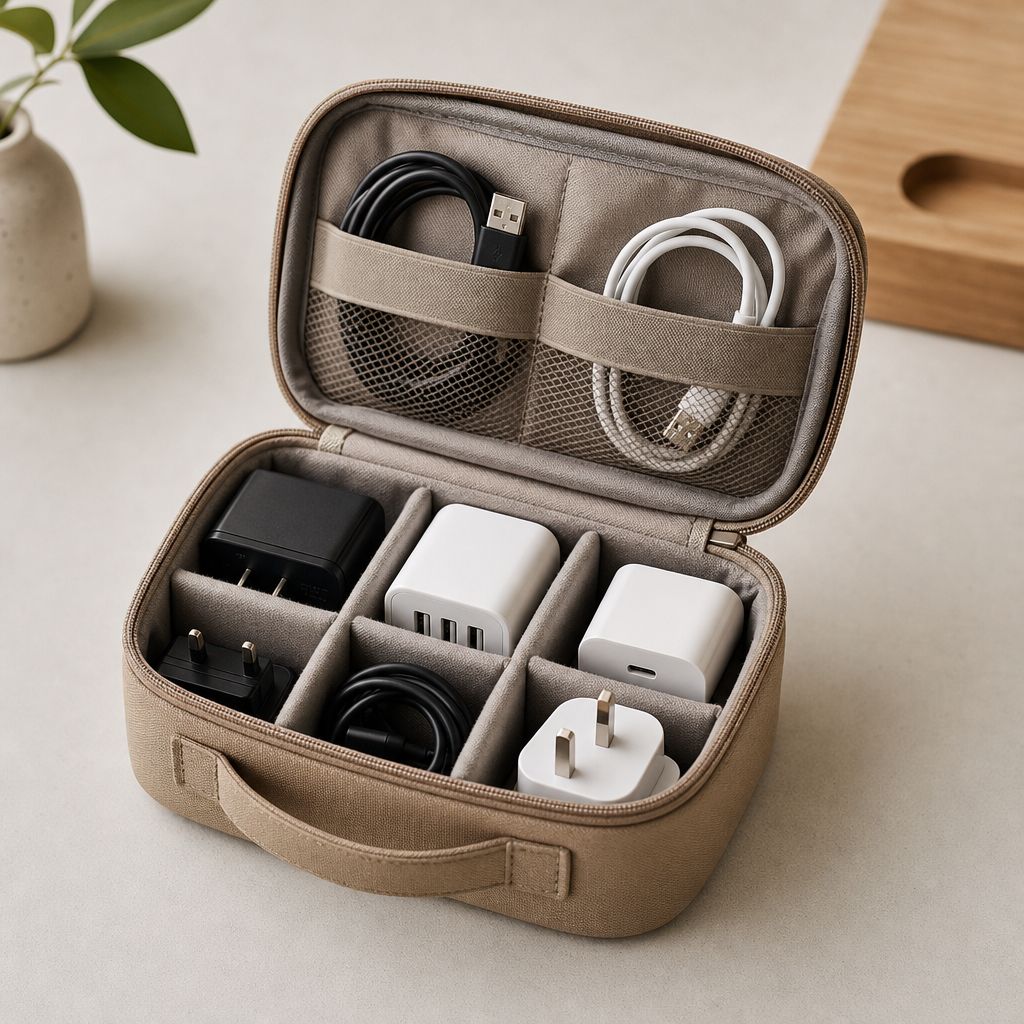 Tan portable charger pouch opened to show padded divider sections for plugs and compact chargers