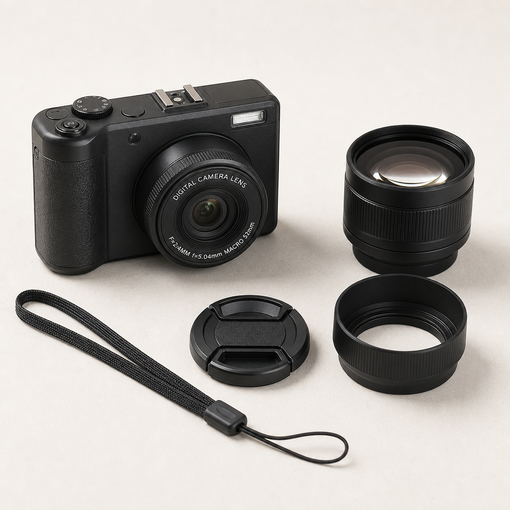 Portable mini digital camera with detachable lens caps and compact accessory set