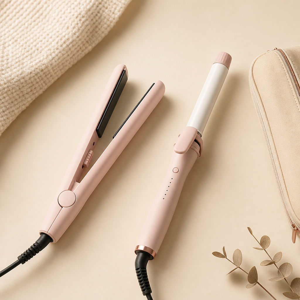 Portable mini electric hair styling tools including compact straightener and travel curling wand