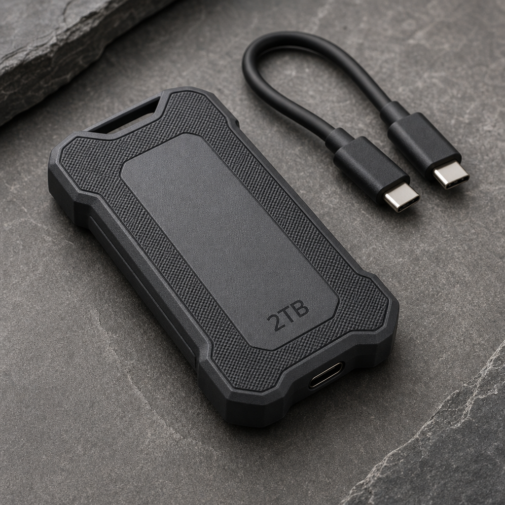 Rugged dark gray 2TB portable SSD on a textured surface with USB-C cable
