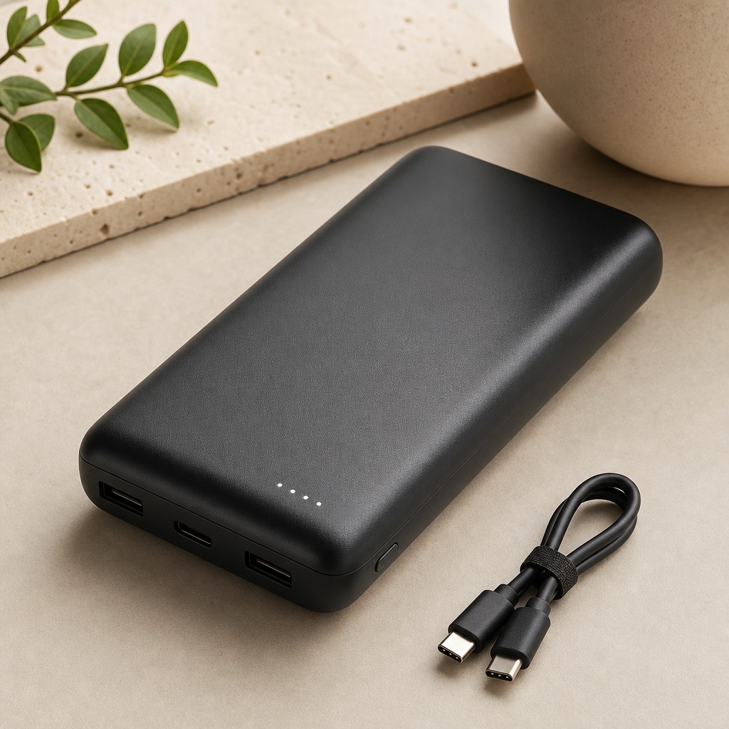 Matte black 20000mAh fast charge power bank on a neutral studio surface