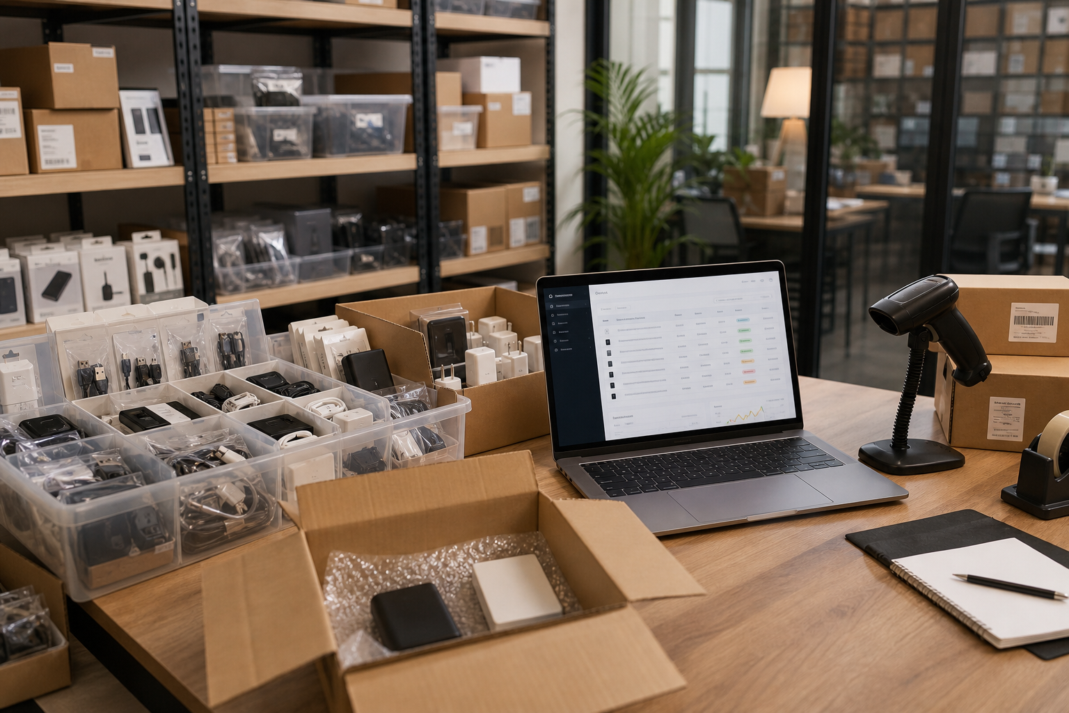 E-commerce fulfillment station with packed gadget orders, barcode scanner, and organized accessory bins