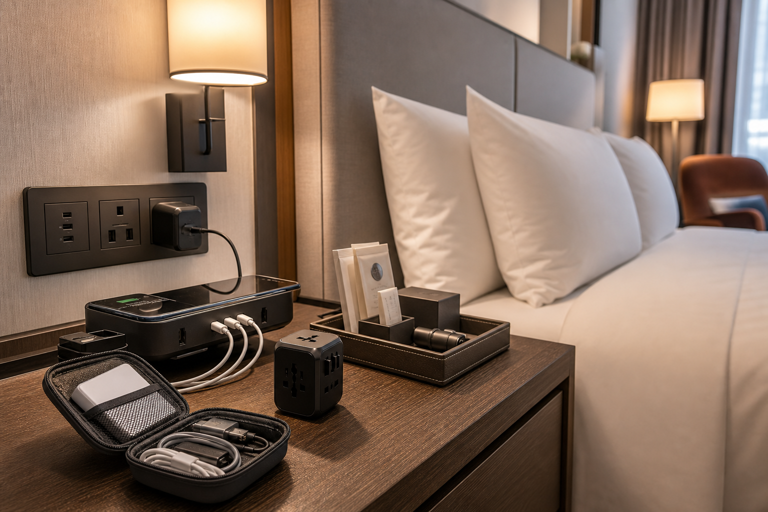 Hotel room setup with neatly arranged travel adapters, bedside charging docks, and guest tech amenities