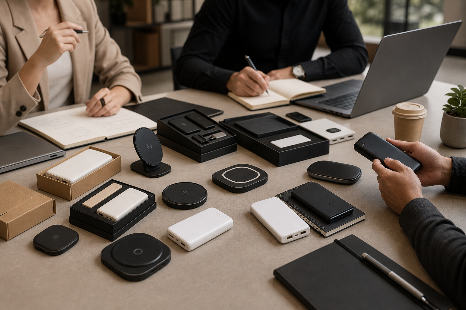 Corporate meeting table with branded power banks, wireless chargers, and compact promotional tech gifts