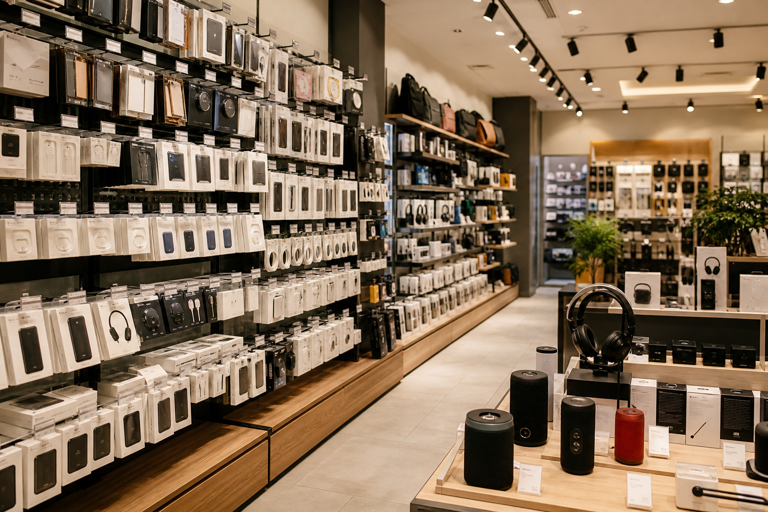 Merchandised electronics aisle with phone accessories and compact gadgets in a modern retail store