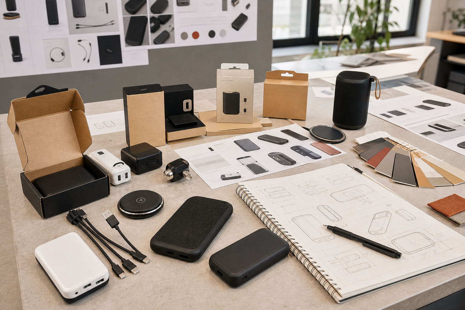 Product development desk with sample gadgets, packaging mockups, and private label branding notes