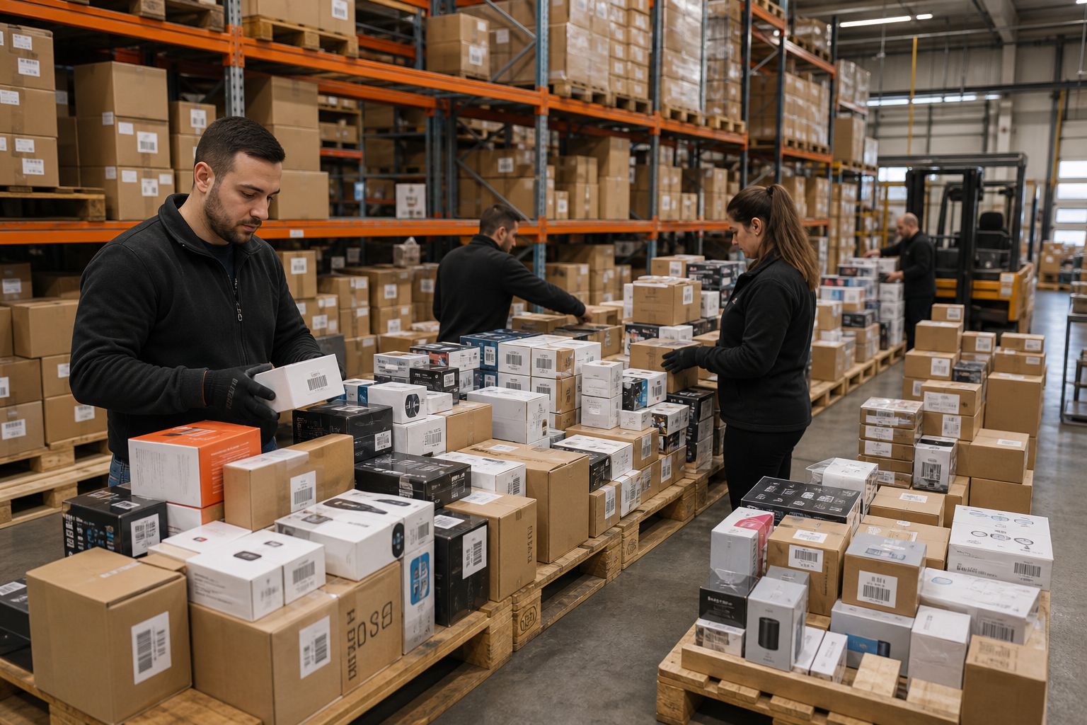 European warehouse team handling mixed cartons of small electronics for distribution