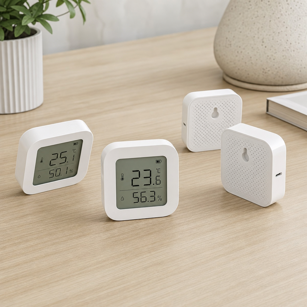 Compact white temperature and humidity mini sensors arranged on a wooden desk