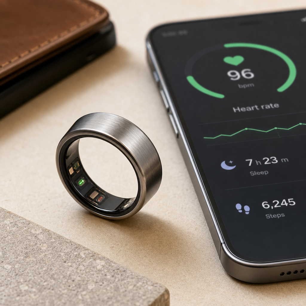 Brushed titanium smart ring displayed beside a phone health dashboard