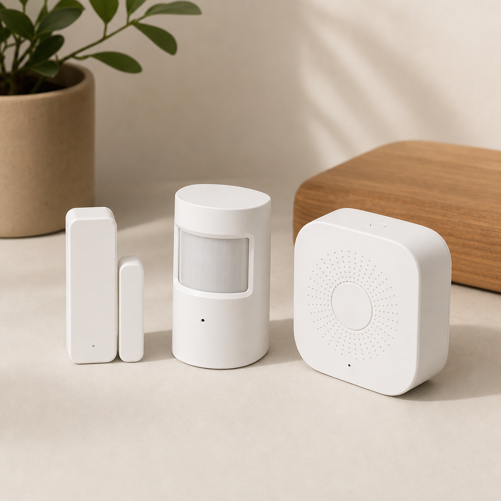 Set of compact white door and motion sensors arranged on a table