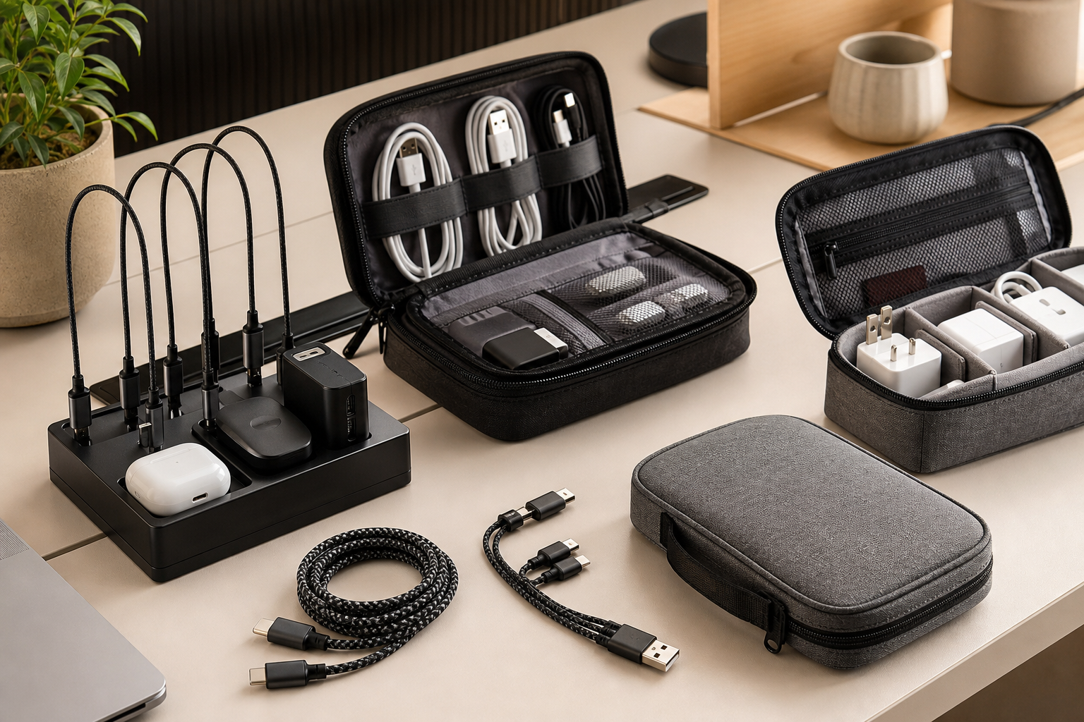 Electronic storage and charging accessories featuring organized charging docks, cable cases, and power management tools in a modern workspace