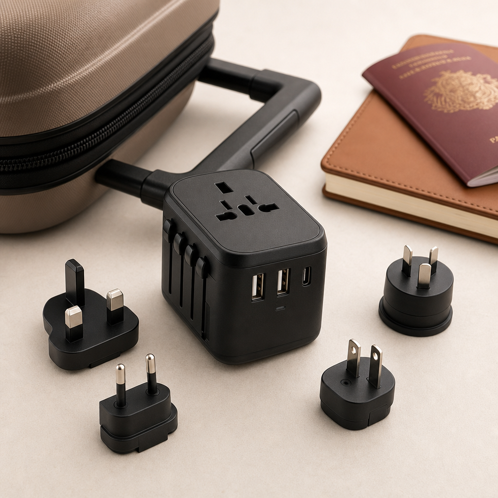 Universal travel adapter with multiple plug formats and USB outputs on a suitcase