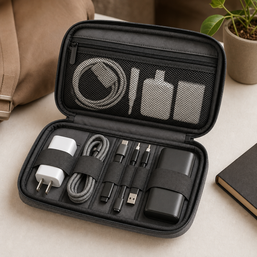 Slim graphite travel organizer wallet with zip mesh pockets for cables, plug heads, and cards